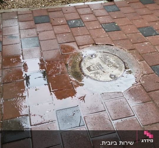 מכסה ביוב על מדרכה רטובה עם שלוליות מים